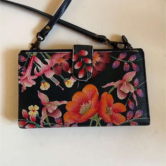 Anuschka Moonlit Meadow Floral Handpainted Leather Wallet Crossbody Bag Bifold - Picture 3 of 9